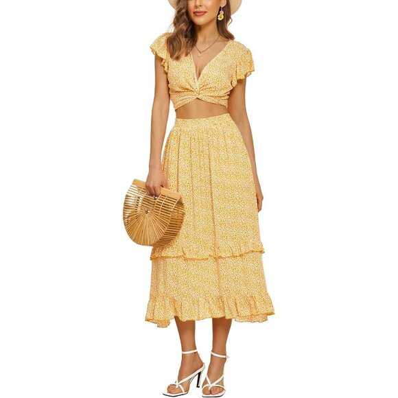 Yellow Floral Two-Piece Outfit With Crop Top & Ruffle Midi Skirt Summer Style Si - Picture 1 of 4
